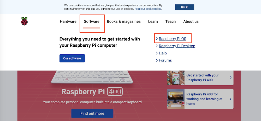 ラズベリーパイ公式サイトでsoftware→Raspberry pi osを選択
